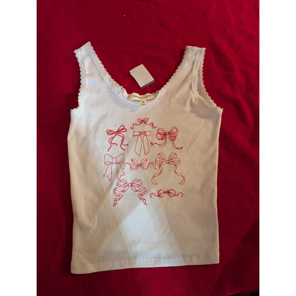 Juniors Women Obsessive Love Ribbed White Tank Top Bow Design Lace, Size M, NEW